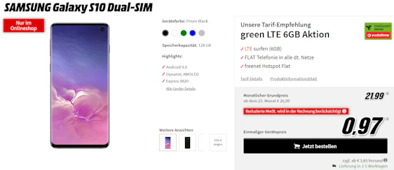 Samsung Galaxy S10 Dual SIM (128GB) im md Vodafone green LTE 6GB für 24€/Monat – 6GB LTE, Allnet- & HotSpot-Flat