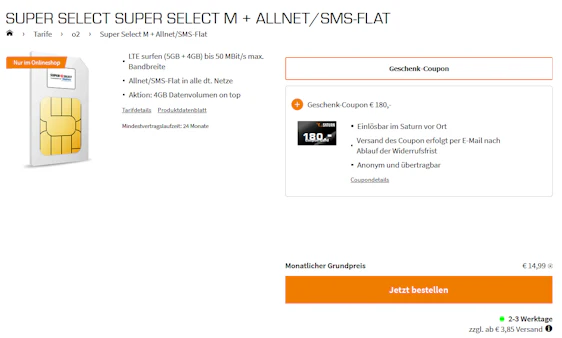 Super Select M Telefónica/o2 Tarif + 180€ Geschenkgutschein für 16€/Monat – 9GB LTE, Allnet- & SMS-Flat, EU-Roaming