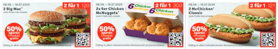 McDonalds 2-für-1 Coupons » 2x Big Macs, McChicken oder 6er Chicken McNuggets zum Preis von 1 🍔🍗