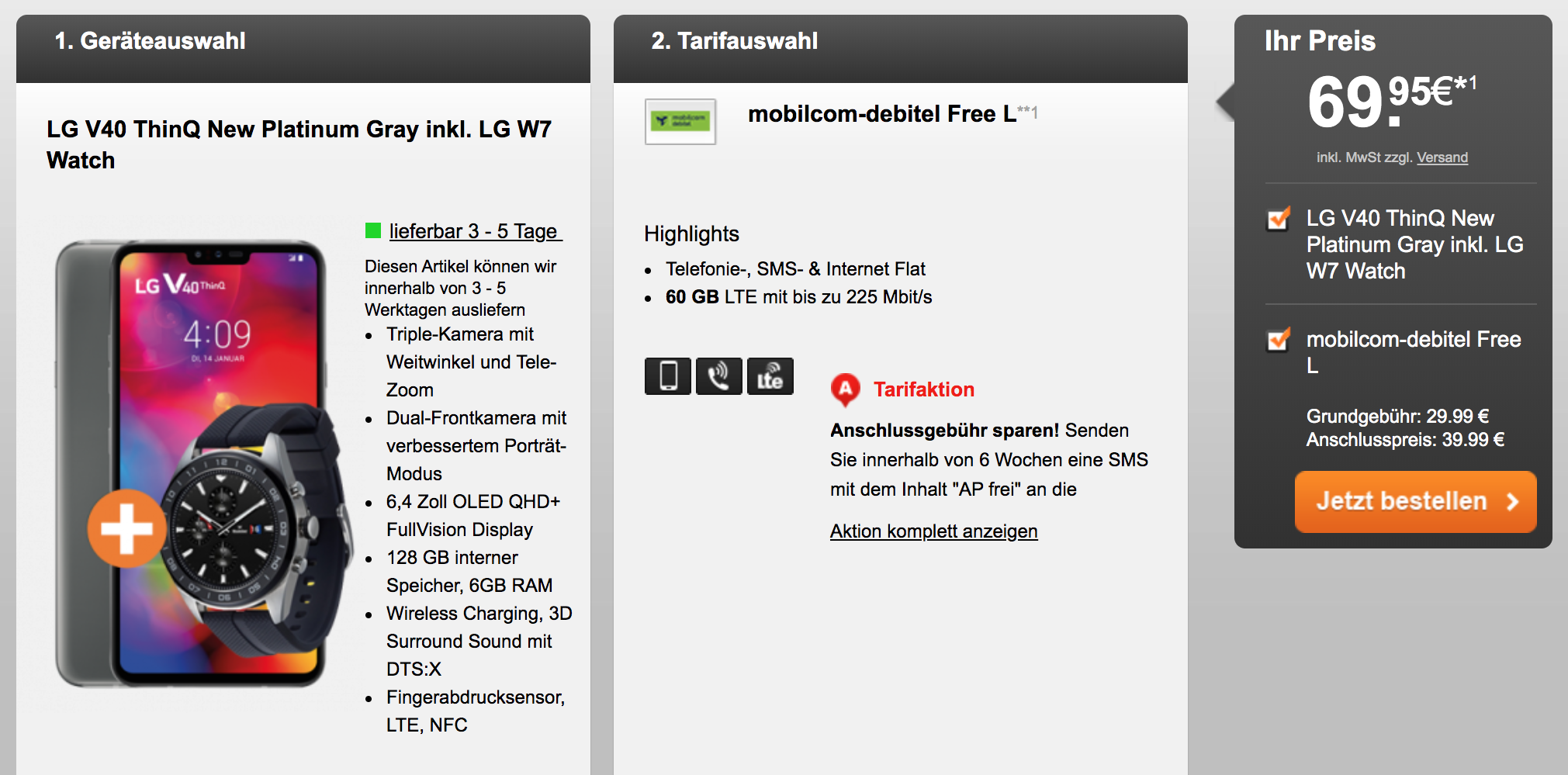 LG V40 ThinQ inkl. LG W7 Watch im Mobilcom-debitel Free L für 35€/Monat - 60GB LTE, Allnet- &amp; SMS-Flat, EU-Roaming