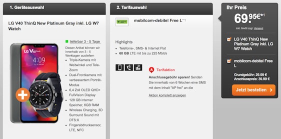 LG V40 ThinQ inkl. LG W7 Watch im Mobilcom-debitel Free L für 35€/Monat - 60GB LTE, Allnet- & SMS-Flat, EU-Roaming