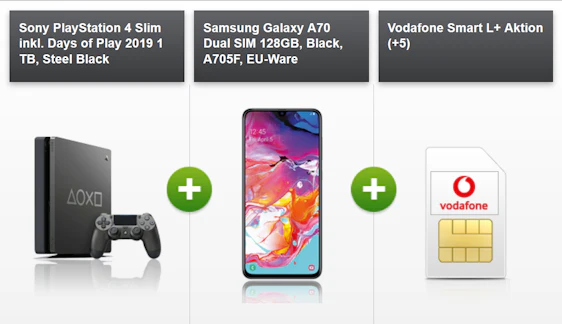 Samsung Galaxy A70 + Sony PS4 Slim (Days of Play Edt.) im Vodafone Smart L+ für 39€ / Monat - 10GB LTE mit bis zu 500 Mbit/s, Allnet- und SMS-Flat