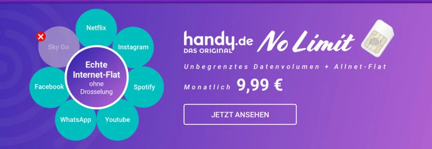 Handy.de No Limit für 9,99€ im Monat » Allnet- &amp; SMS-Flat mit unbegrenzt LTE (1.000 kbit/s)