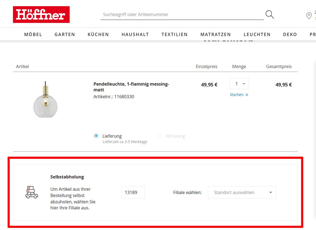 Waren zur Höffner Marktabholung vermerken