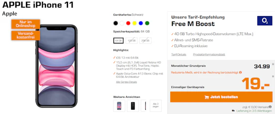Noch günstiger! Apple iPhone 11 (64GB) im o2 Free M Boost für 37€/Monat - 40GB LTE Max, Allnet- und SMS-Flat, EU-Roaming