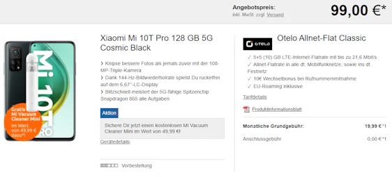 Xiaomi Mi 10T Pro (128GB) + Xiaomi Mini Staubsauger im Otelo Allnet Classic für 24€/Monat - 10GB LTE im Vodafone-Netz, Allnet- & SMS-Flat, EU-Roaming