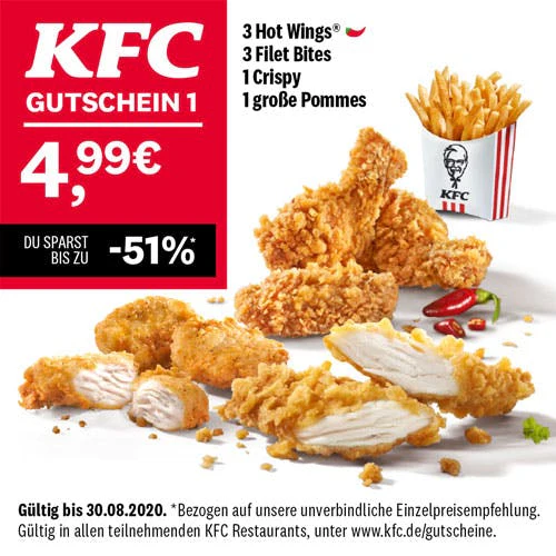 Abbildung 3 Hot Wings, 3 Filet Bites, 1 Crispy, 1 große Pommes