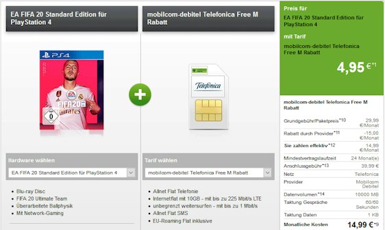 o2 Free M + FIFA 20 für 15€ im Monat - 10GB LTE Datenvolumen, Allnet- und SMS-Flat