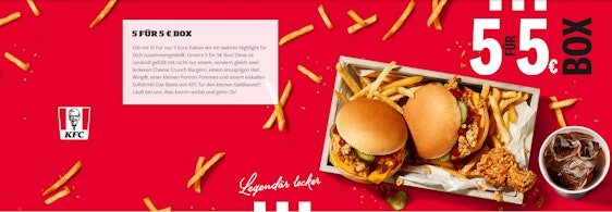 KFC 5 für 5€ Box » mit 2 Burgern, Hot Wing, Pommes und Soft Drink