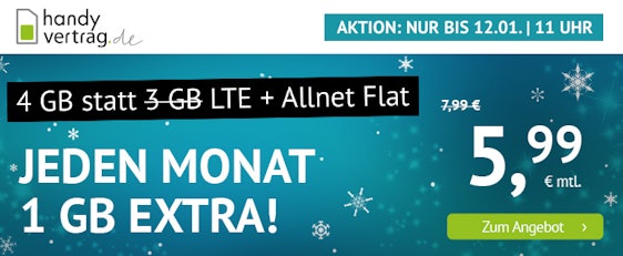 1GB geschenkt! Handyvertrag.de LTE All 3+1 GB für 5,99€/Monat - 4GB LTE im o2-Netz, Allnet- und SMS-Flat, EU-Roaming