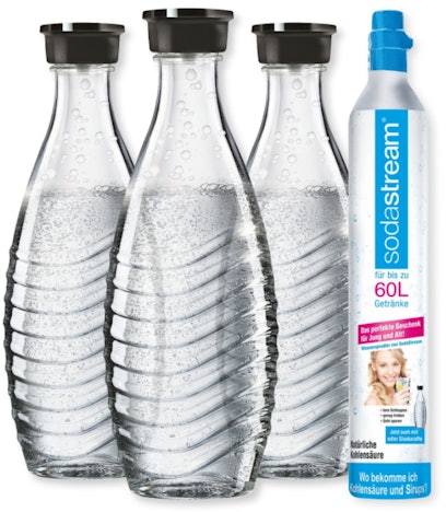 SodaStream 3 Glaskaraffen + CO2-Zylinder für 40€ – 3 x 0,6L Karaffe, für Crystal & Penguin Wassersprudler, spülmaschinenfest