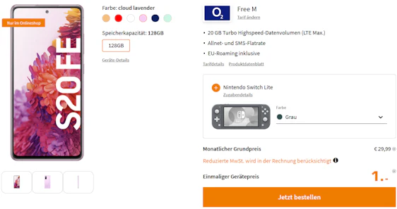 Samsung Galaxy S20 FE + Nintendo Switch Lite im o2 Free M für 32€ im Monat - 20GB LTE, Allnet- und SMS-Flat, EU-Roaming