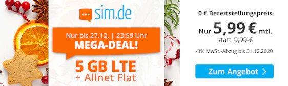 Sim.de Mega-Deal für 5,99€/Monat – 5GB LTE, Allnet- und SMS-Flat, EU-Roaming