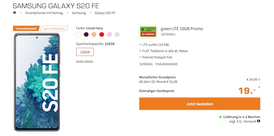 Samsung Galaxy S20 FE im green LTE 10 Promo-Tarif für 27€ – 10GB LTE 50 im Vodafone-Netz, Allnet-Flat & freenet Hotspot Flat