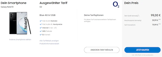 Samsung Galaxy Note 10 im o2 Blue All-In M für 26€/Monat - 12GB LTE, Allnet- und SMS-Flat, EU-Roaming