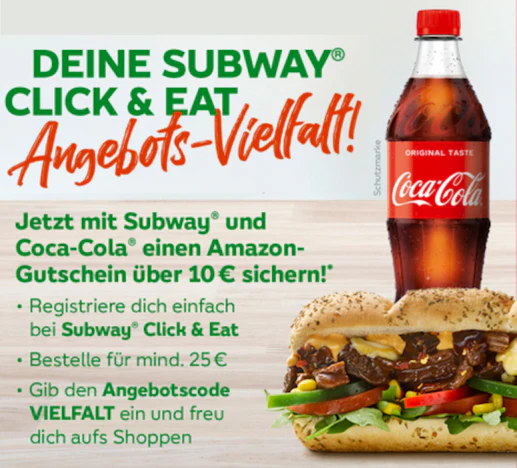 Subway Click & Eat: für 25€ bestellen und 10€ Amazon-Gutschein erhalten - nur in teilnehmenden Restaurants