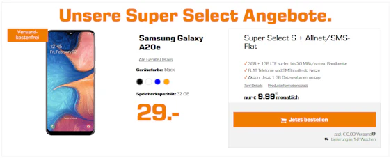 Samsung Galaxy A20e im o2 Super Select S für 12€/ Monat - 4GB LTE, SMS- & Allnet-Flat