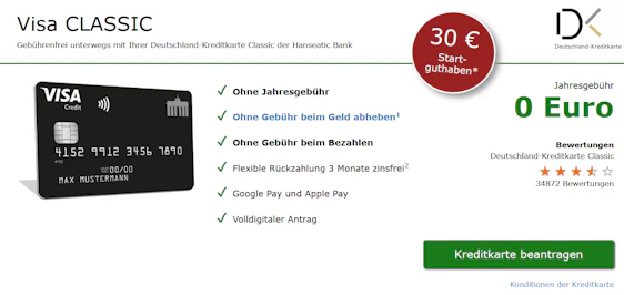 Wieder da! Deutschland-Kreditkarte Classic mit 30€ Prämie » kostenlose Visa weltweit ohne Gebühren 💳