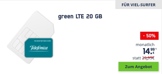 Mobilcom-debitel Telefonica green LTE 20 GB Tarif für 15€/Monat – 20 GB LTE, Allnet- & SMS-Flat