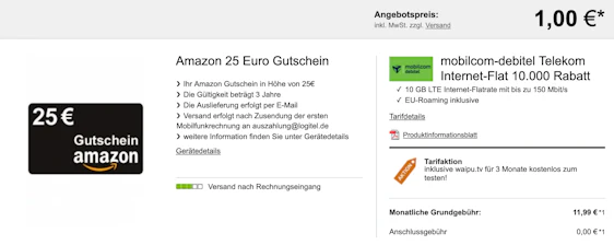 Mobilcom-Debitel Telekom Internet-Flat 10.000 für 16€ monatlich - 10GB LTE + Prämie