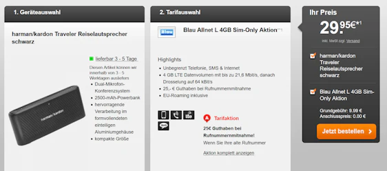 Harman-Kardon Traveler im Blau Allnet L für 11€/Monat - 4GB LTE, Allnet- und SMS-Flat, EU-Roaming