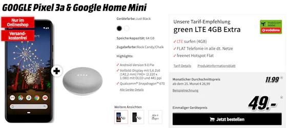Google Pixel 3A + Google Home Mini im green LTE für 16€/Monat - 4GB LTE, Allnet-Flat & freenet Hotspot Flat
