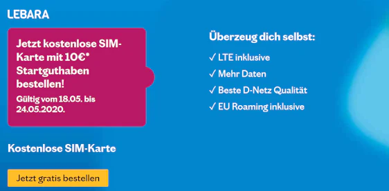 Kostenlose Prepaid-SIM-Karte mit 10€ Guthaben bestellen bei Lebara - Telefonie im Telekom-Netz