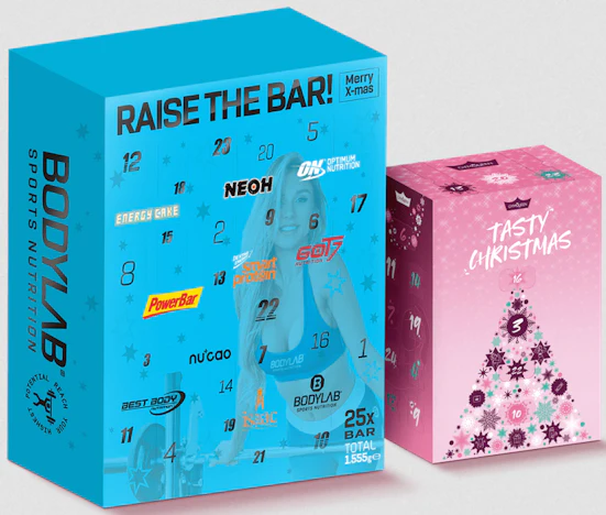Bodylab24 + Gymqueen Adventskalender für 65€ - mit insgesamt 31 Fitness-Riegeln, 16 Tasty Drops & 4 Überraschungen befüllt