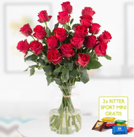 20 rote Premium-Rosen Rhodos für 25€ - 60cm Länge, mit 2 gratis Rittersport Mini-Schokis & Grußkarte als Zugabe
