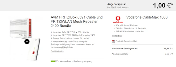 Vodafone Cable Max 1000 mit Fritz!Box 6591+ Fritz!Mesh Repeater 2400 (Eigentum) für 40€/Monat - Kabel-Internetflat mit bis zu 1.000 Mbit/s Download, 50 Mbit/s Upload & Festnetz-Flat