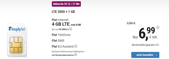 1GB geschenkt! Simplytel LTE 3000 + 1GB für 6,99€/Monat – 4GB LTE, Allnet- und SMS-Flat