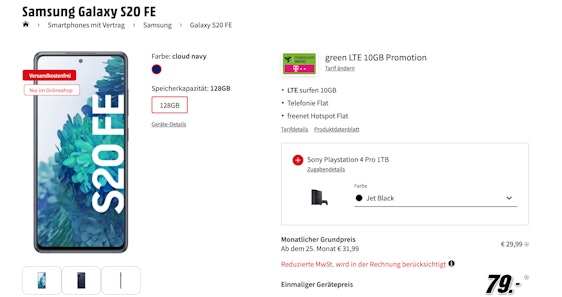 Samsung Galaxy S20 FE (128GB) + PS4 Pro (1TB) im md Telekom green LTE für 35€/Monat - 10GB LTE, Allnet-Flat, freenet Hotspot Flat » 41€ günstiger als Idealo 😍