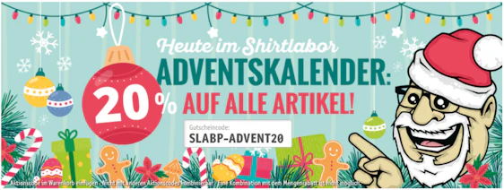 Heute im Adventskalender: 20% auf alles im Shirtlabor - T-Shirts, Beutel und Co. im eigenen Design bedrucken lassen