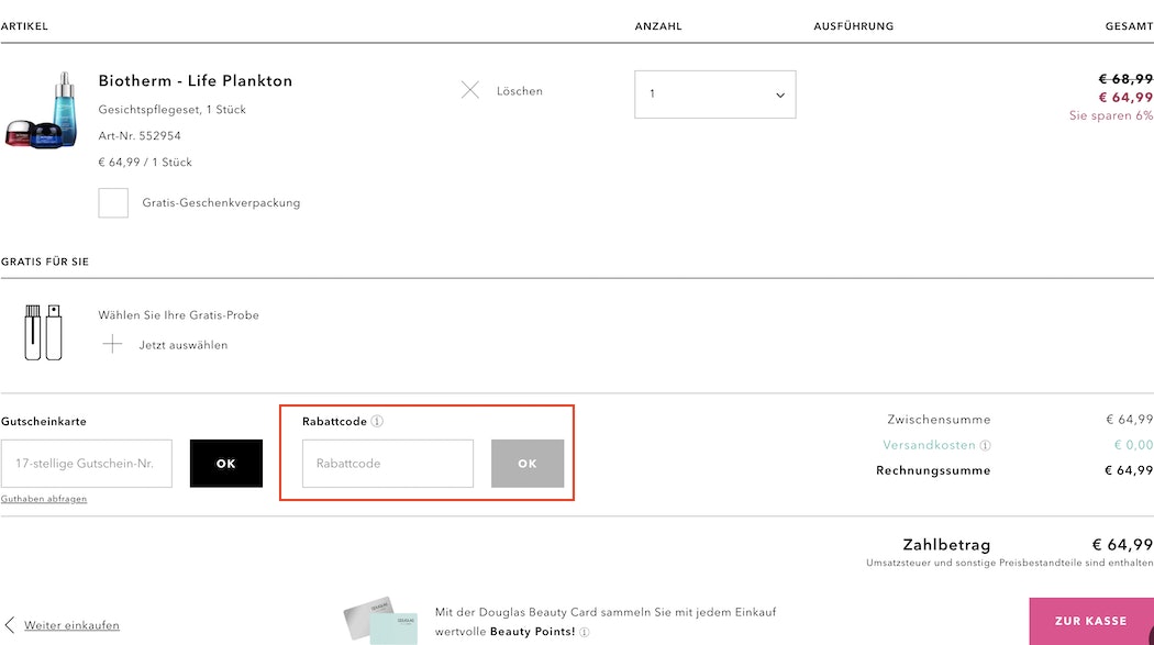 Eingabefeld für Douglas Rabattcode