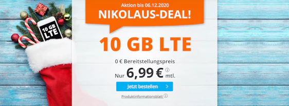 Nikolaus-Deal bei Sim.de! 🎅 10GB LTE für 6,99€ - 10GB LTE, 60 Freiminuten, EU-Roaming