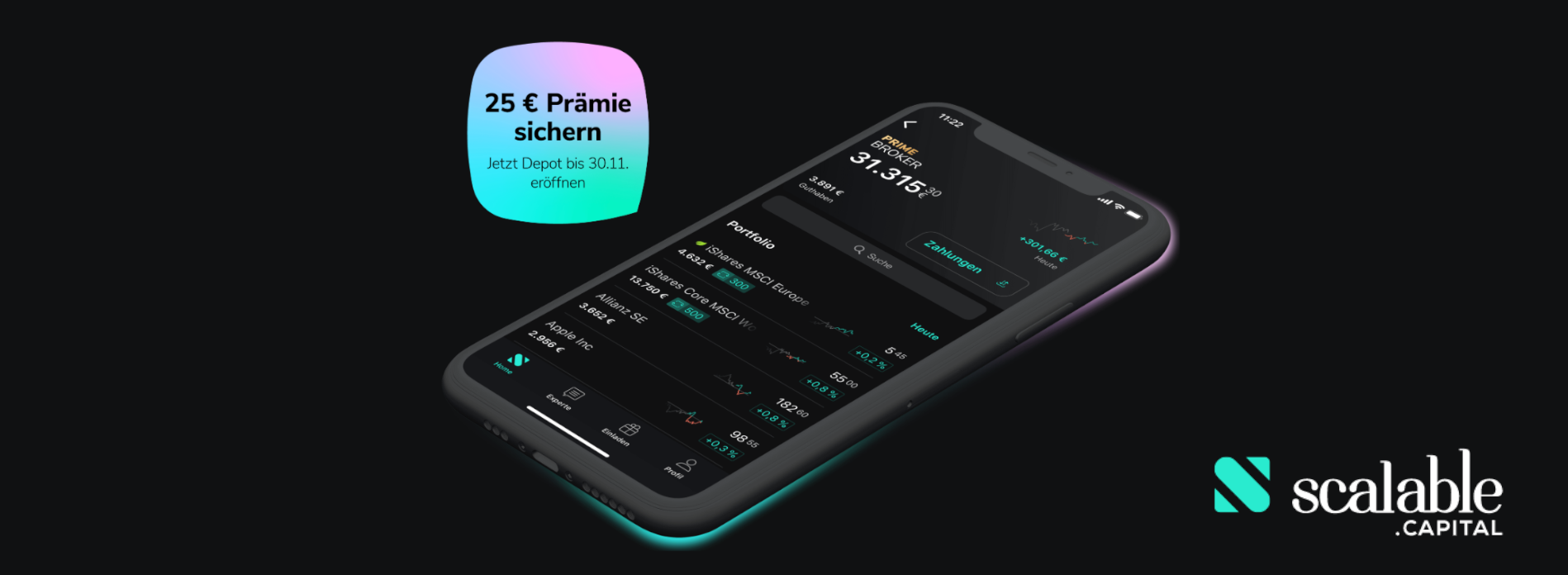Scalable Capital Broker mit 25€ Prämie - Free Broker mit über 600 PRIME ETFs + 1 Sparplan kostenlos, keine monatl. Gebühr