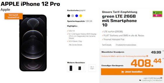 Top! Apple iPhone 12 Pro (128GB) im green LTE 26GB für 69€/Monat - 26GB LTE, Allnet- & SMS-Flat, Freenet Hotspot Flat