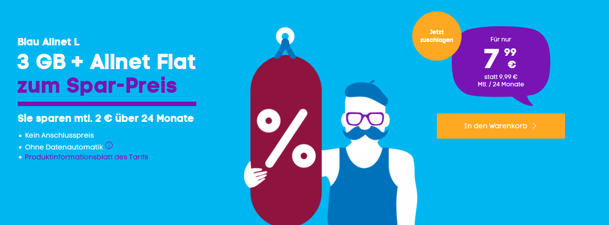 Blau-Tarife reduziert! SIM-Only Deals ab 7,99€ / Monat - z.B. Blau Allnet L mit 3GB LTE, Allnet- und SMS-Flat, EU-Roaming