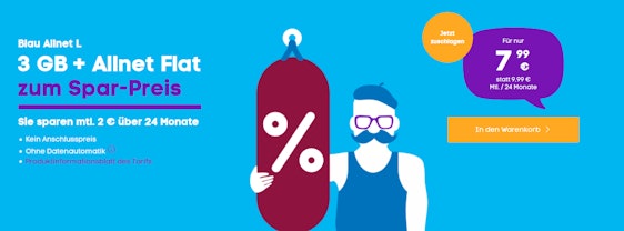 Blau-Tarife reduziert! SIM-Only Deals ab 7,99€ / Monat - z.B. Blau Allnet L mit 3GB LTE, Allnet- und SMS-Flat, EU-Roaming