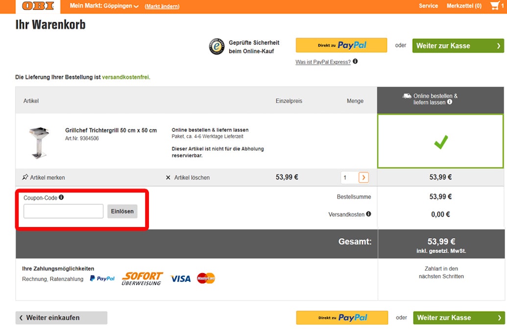 OBI Gutschein im Warenkorb einlösen