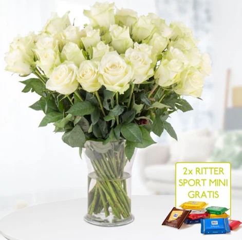 40 weiße Rosen für 25€ – mit 2 gratis Rittersport Mini-Schokis & Grußkarte als Zugabe
