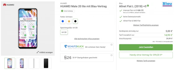 Huawei Mate 20 lite im Blau Allnet L für 16€/Monat - 3GB LTE, Allnet- & SMS-Flat