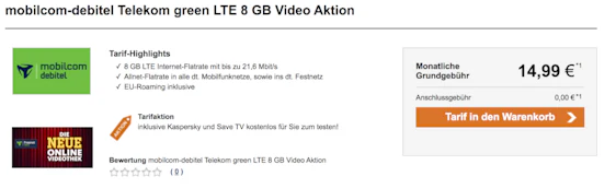 SIM Only! Mobilcom-debitel green LTE für 14,99€/Monat - 8GB LTE im Telekom-Netz, Allnet- und SMS-Flat, EU-Roaming, 24 Monate Freenet Video Basic gratis