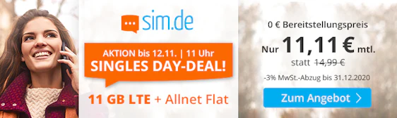 Singles' Day-Deal bei sim.de! 11GB LTE All für 11€ – 11GB LTE, SMS- & Allnet-Flat, EU-Roaming