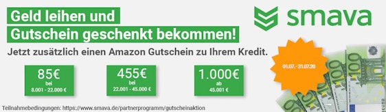Kreditvergleich bei Smava mit bis zu 1.000€ Amazon-Gutschein » ab 0,68% effektivem Jahreszins 💸