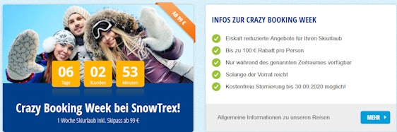 Letzter Tag! Snowtrex Crazy Booking Week: 7 Tage Jubiläumspreise – Skiurlaub inkl. Skipass ab 99€