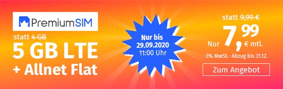 PremiumSIM LTE M für 7,99€/Monat – 5GB LTE, Allnet- und SMS-Flat, EU-Roaming
