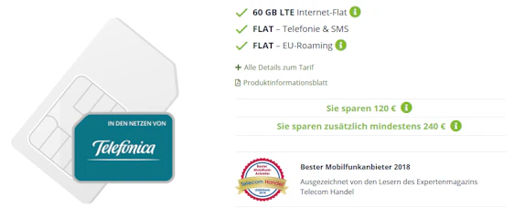 Top! Telefonica Allnet 60GB LTE für 29,99€ im Monat » monatlich kündbar mit 60GB LTE, Allnet- und SMS-Flat 🤙