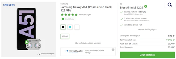Samsung Galaxy A51 (128GB) + Galaxy Buds im o2 Blue All-In M für 22€/Monat - 12GB LTE, Allnet- und SMS-Flat