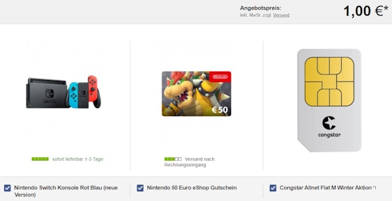 Nintendo Switch + 50€ Gutschein für eShop im Congstar Allnet M für 19€/Monat - 8GB LTE, Allnet-Flat, EU-Roaming